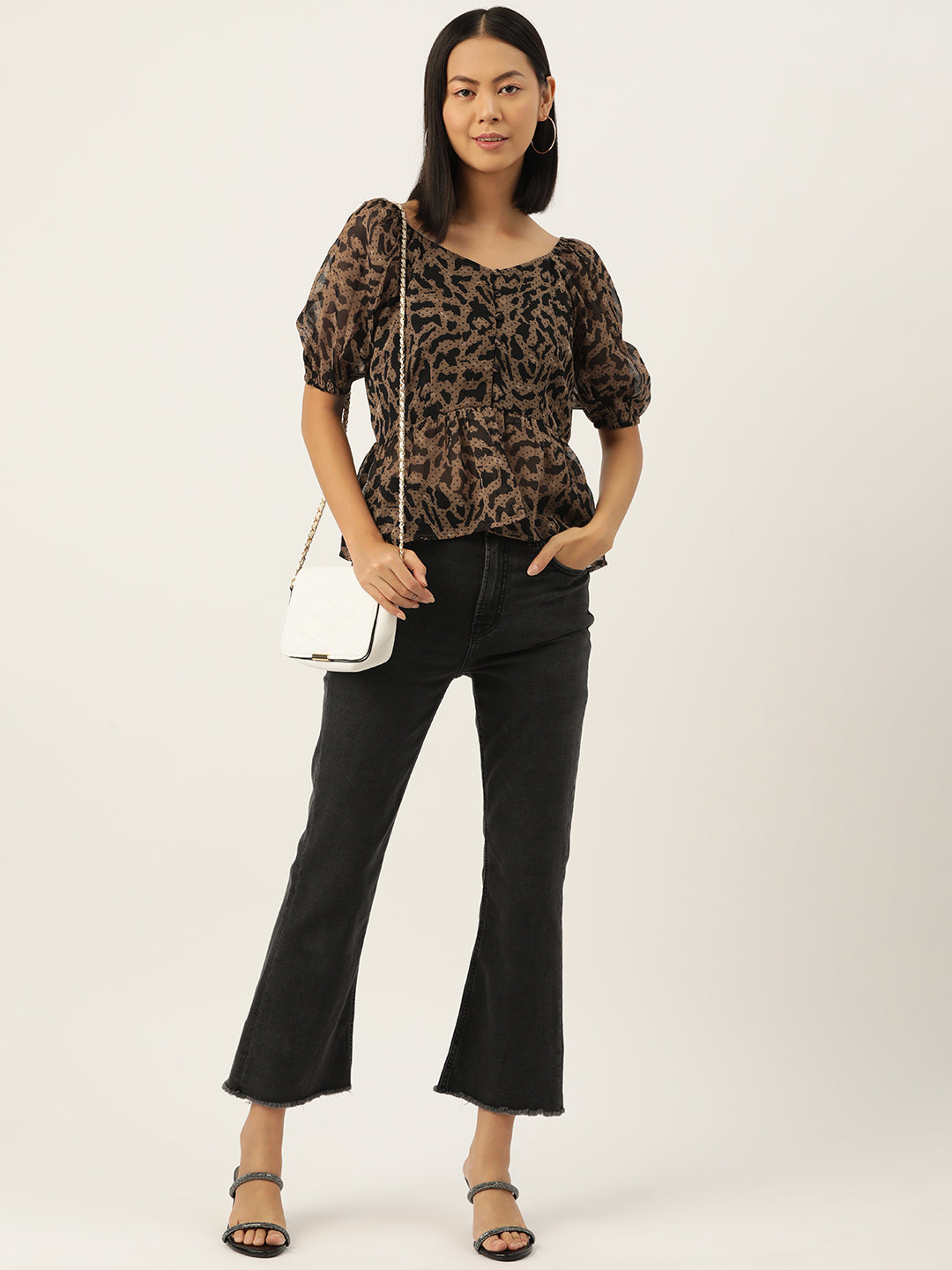 Slenor Animal Print Sweetheart Neck Puff Sleeve Georgette Peplum Top