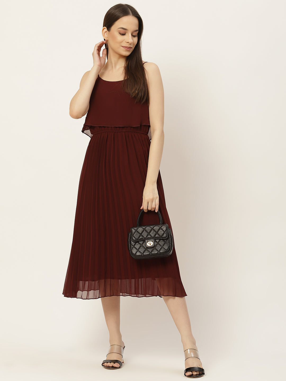 Women A-line Brown Pleated Dress