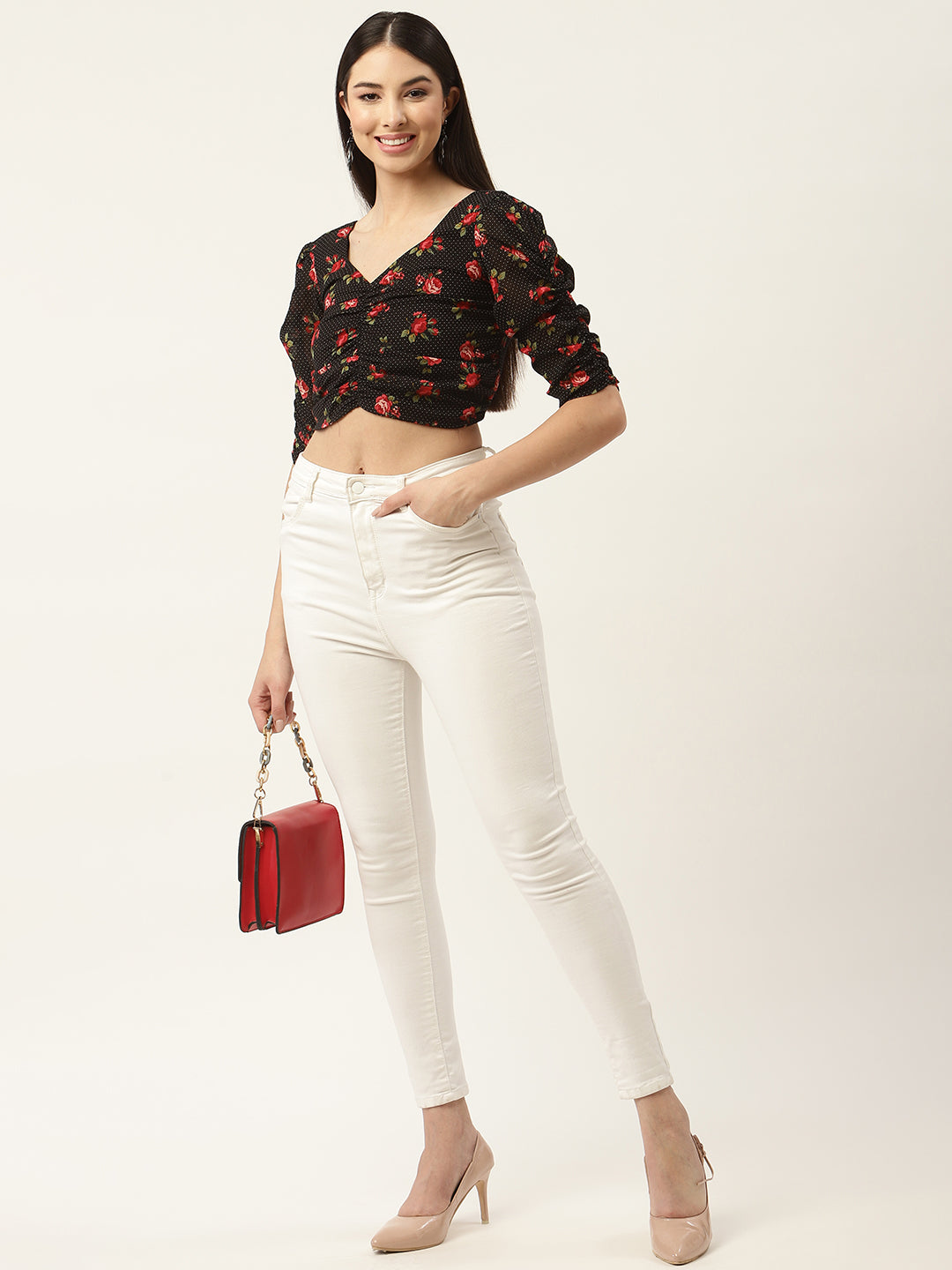 Black & Red Floral Print Georgette Crop Top