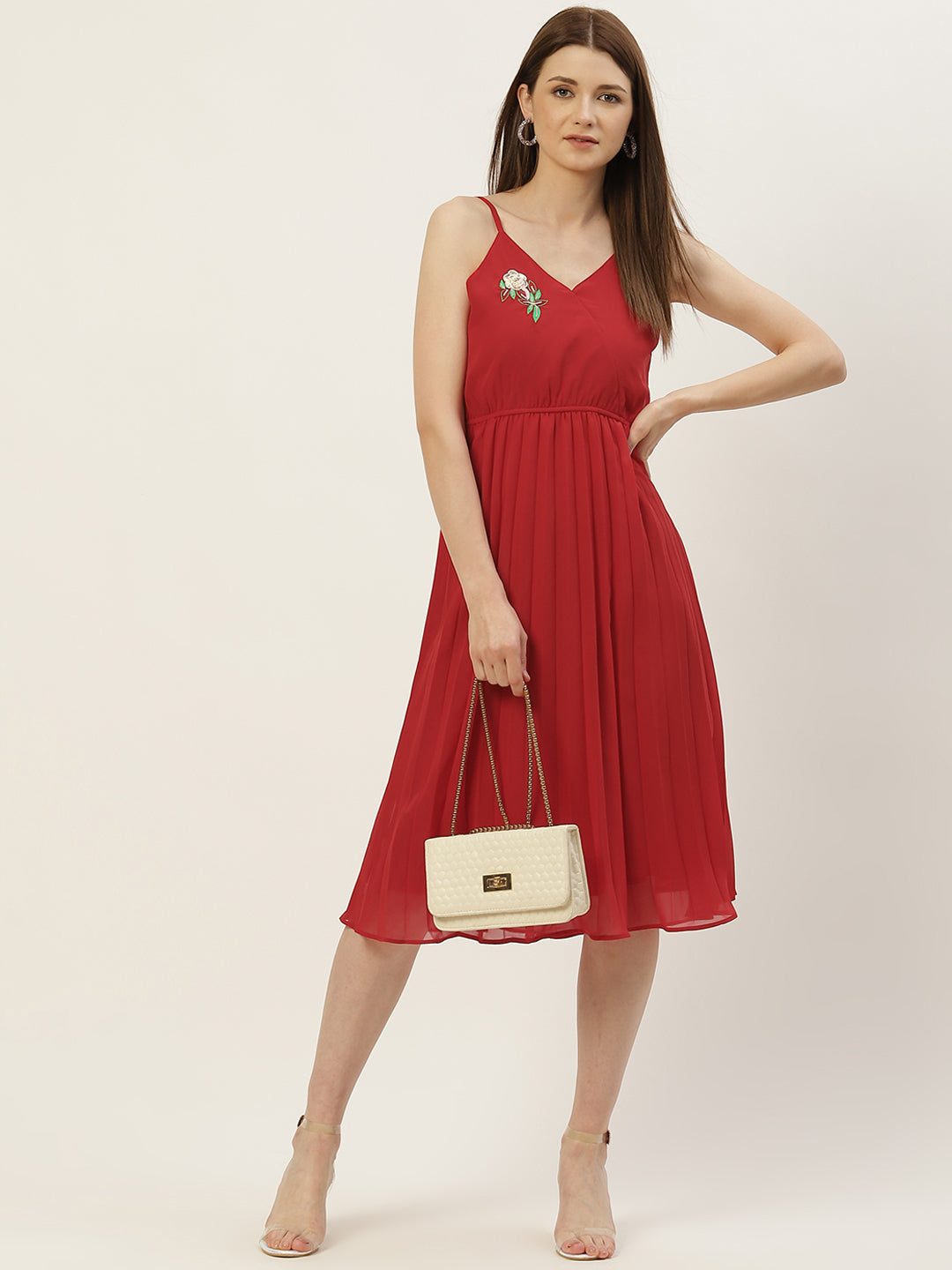 Women Red Georgette A-Line Midi Dress