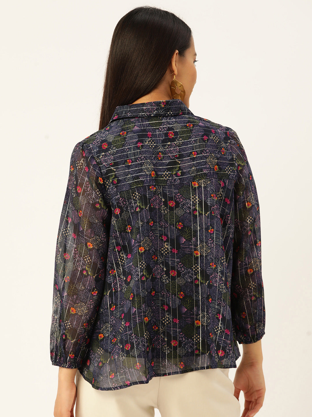 Women Floral Printed Puff Sleeves Semi Sheer Shirt