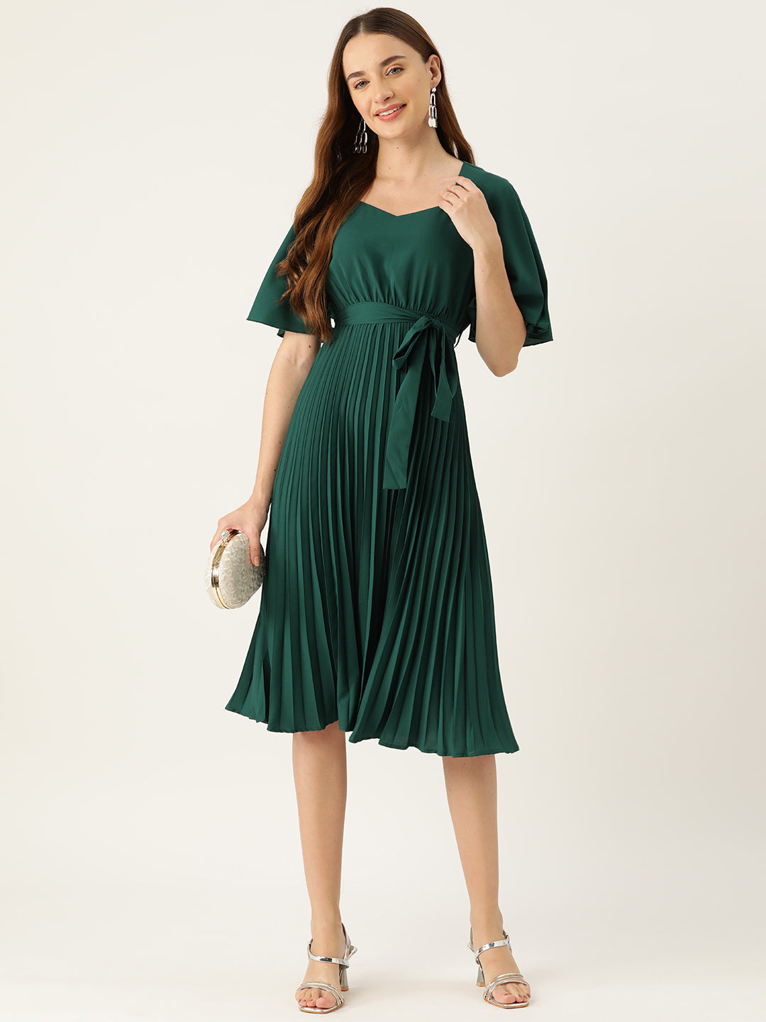 Slenor Flared Sleeve Tie-Ups Crepe A-Line Dress