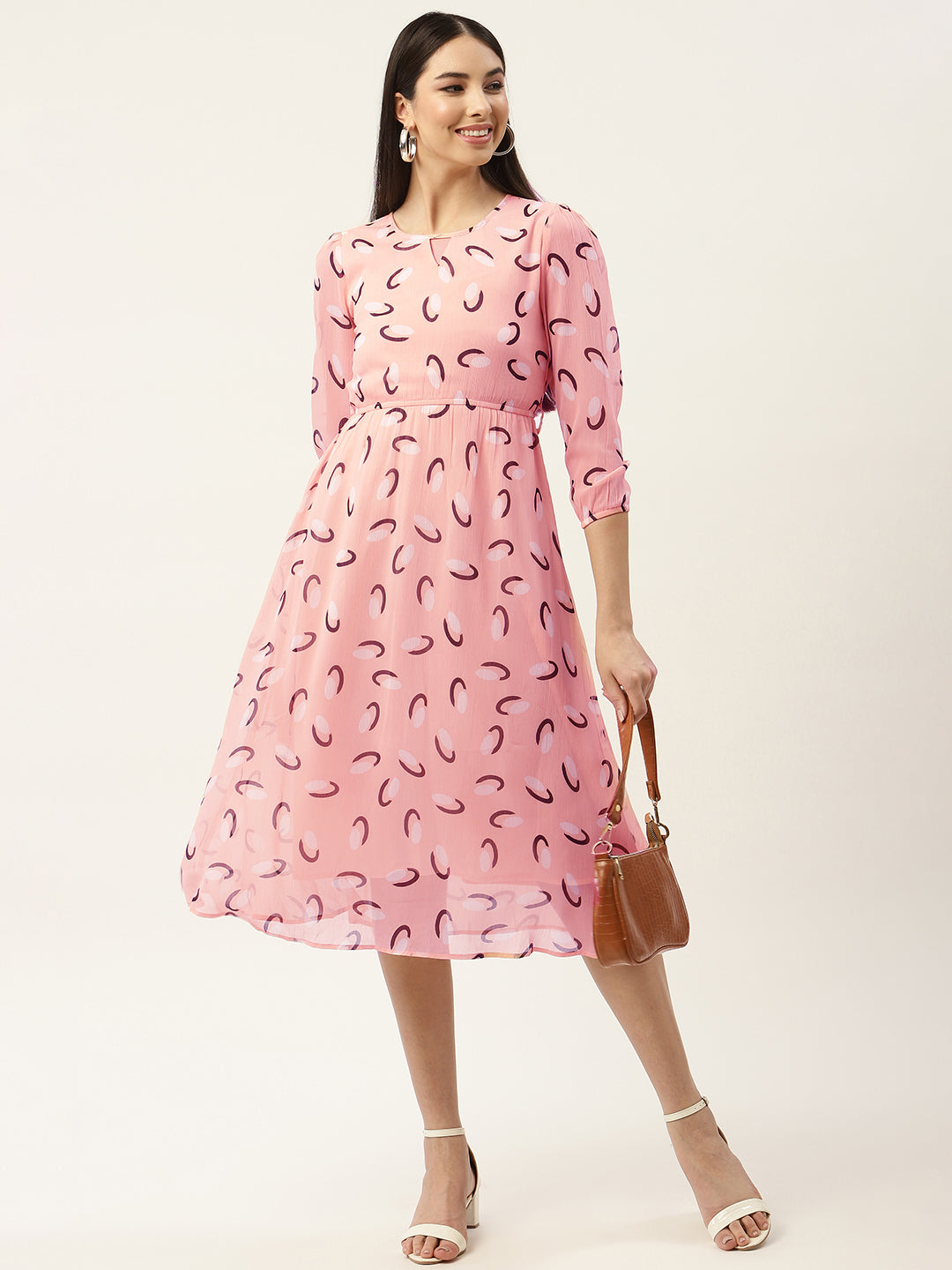 Peach-Coloured Keyhole Neck Chiffon Midi Dress