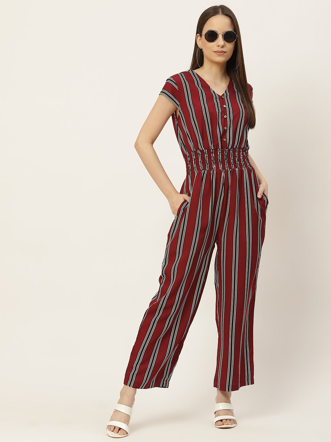 Maroon Striped Jumpsuit