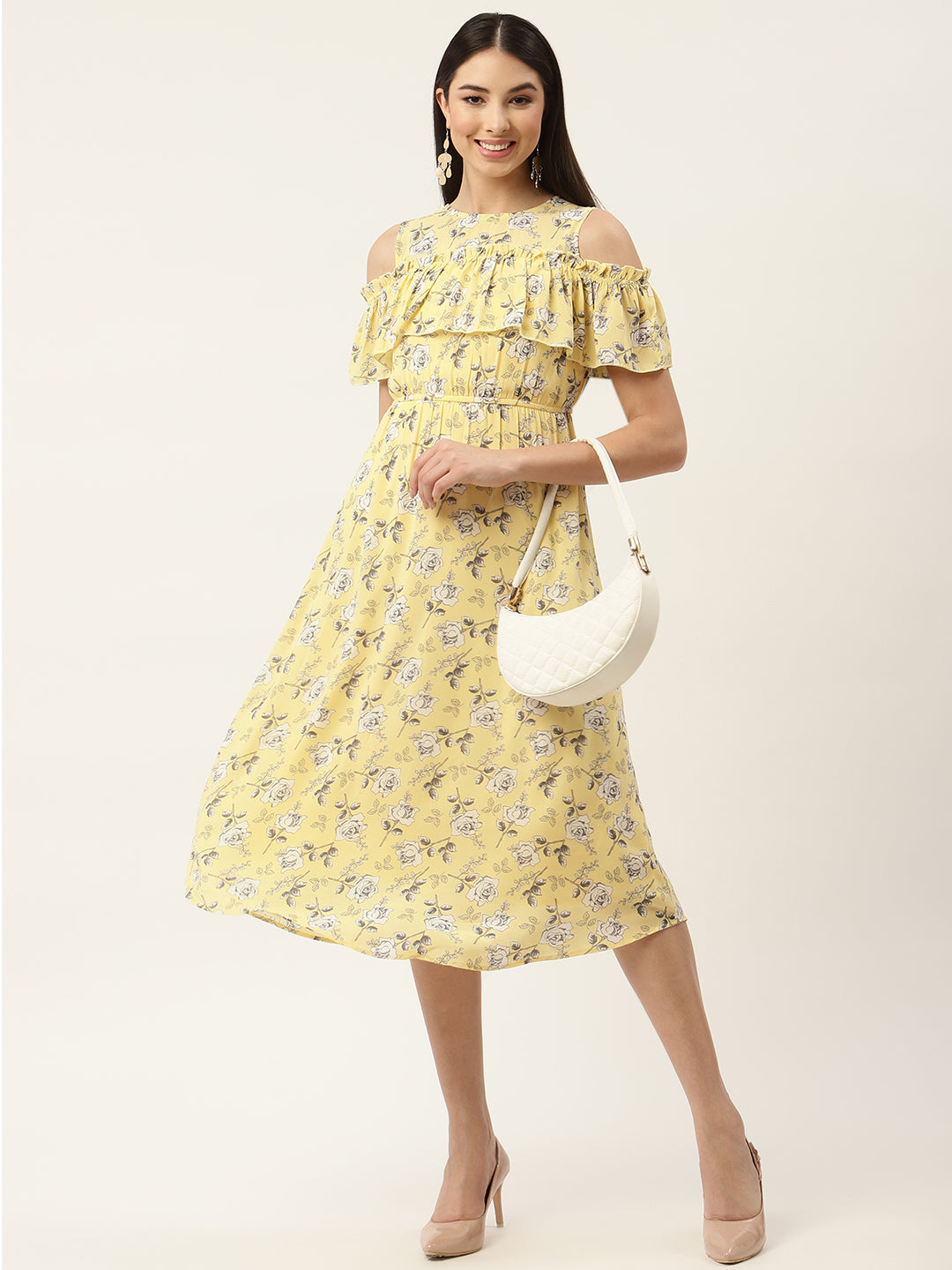 Yellow Floral Georgette Midi Dress