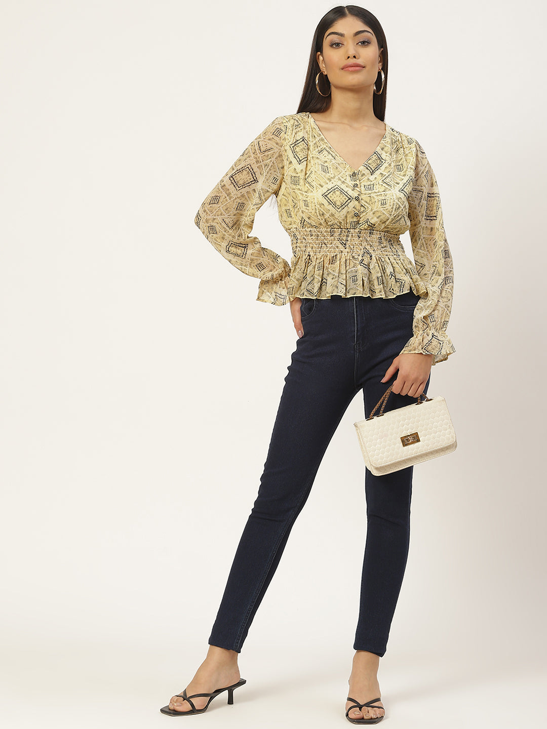 Printed Smocked Georgette Peplum Top