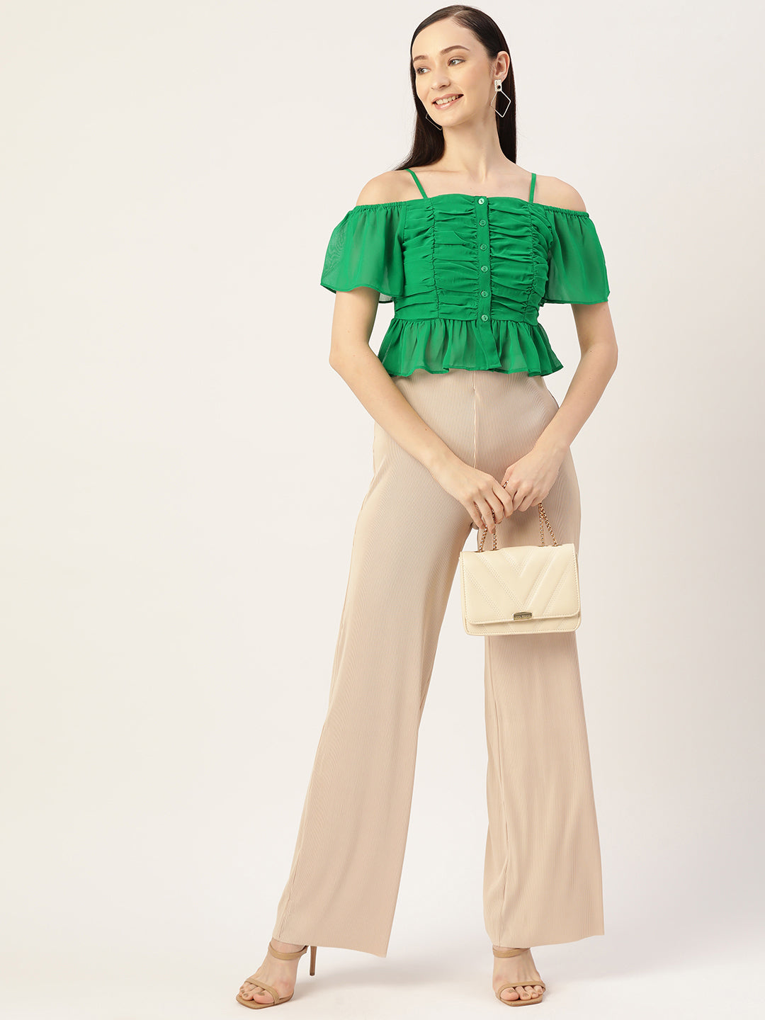 Green Ruched Georgette Bardot Top