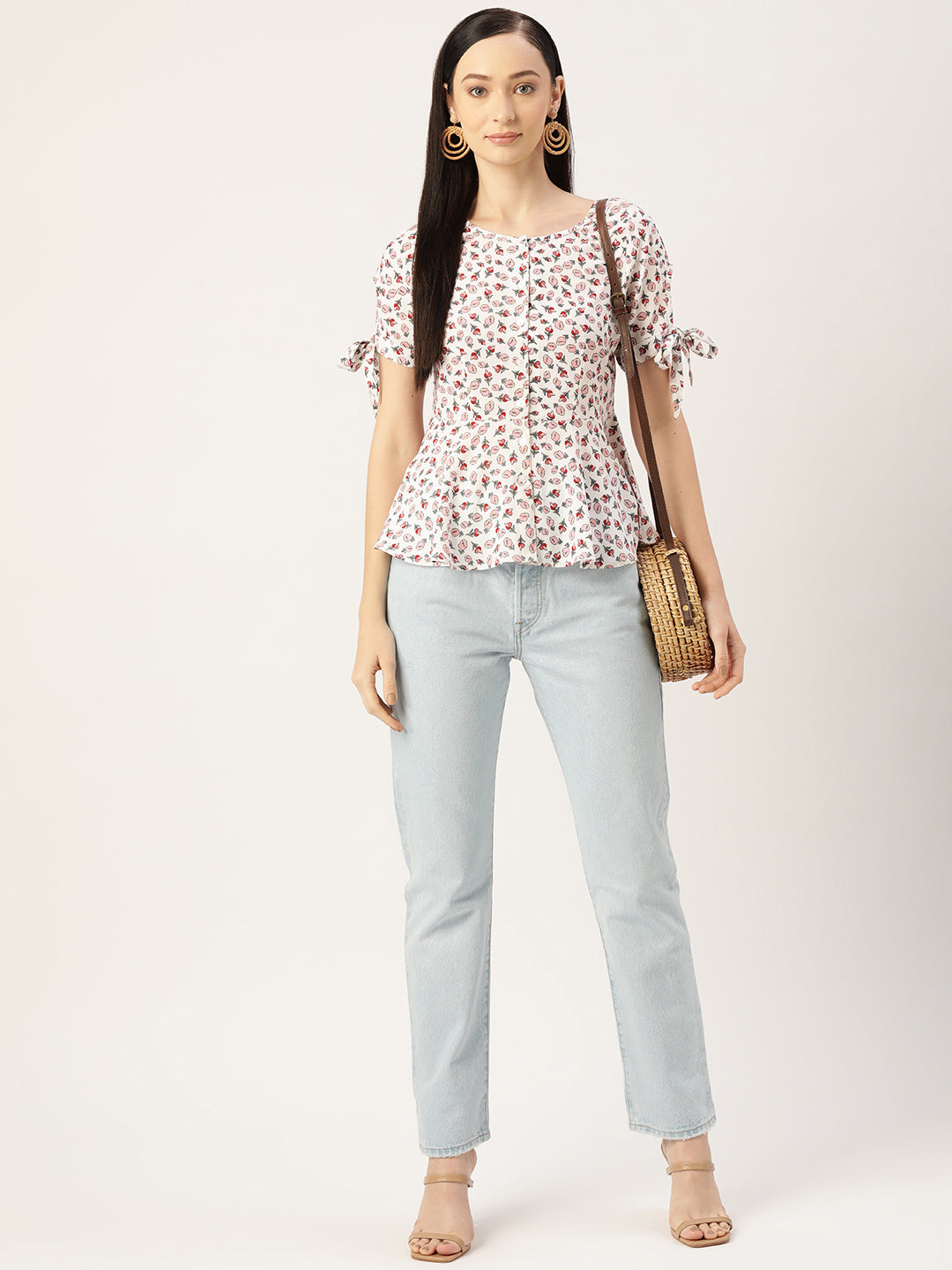 White Floral Print Crepe Top