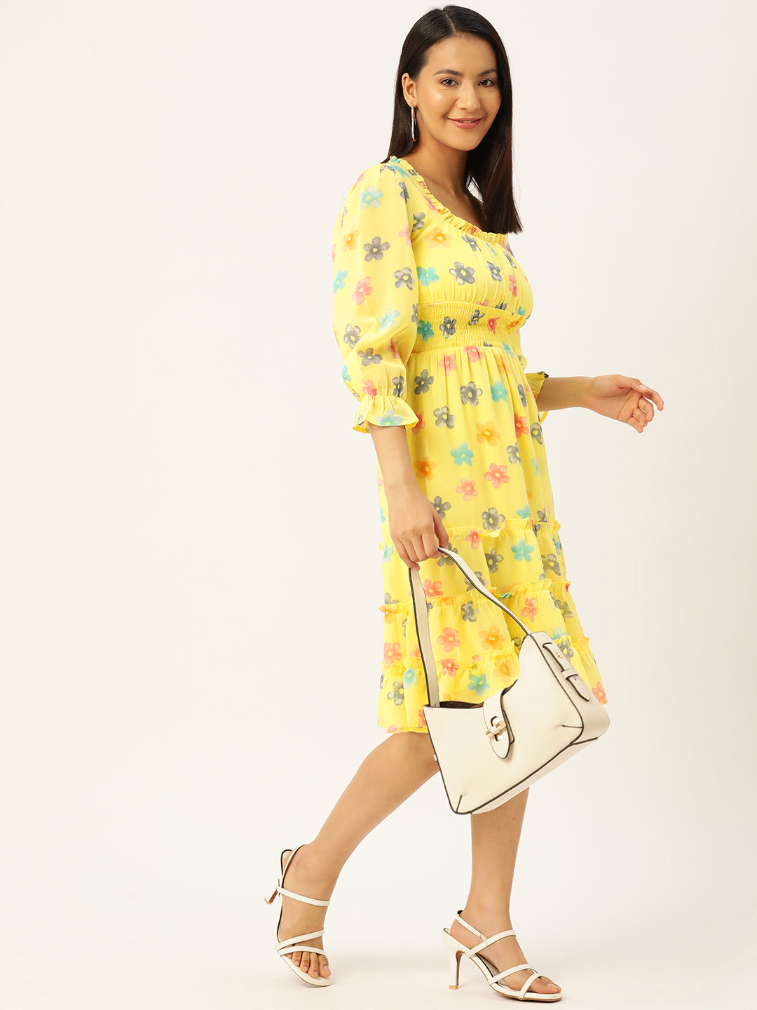 Floral Print Puff Sleeves Georgette Midi Dress