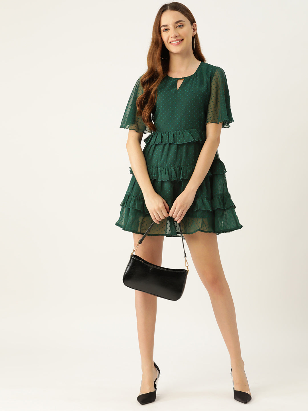 Slenor Keyhole Neck Flared Sleeve Ruffled Georgette A-Line Dress