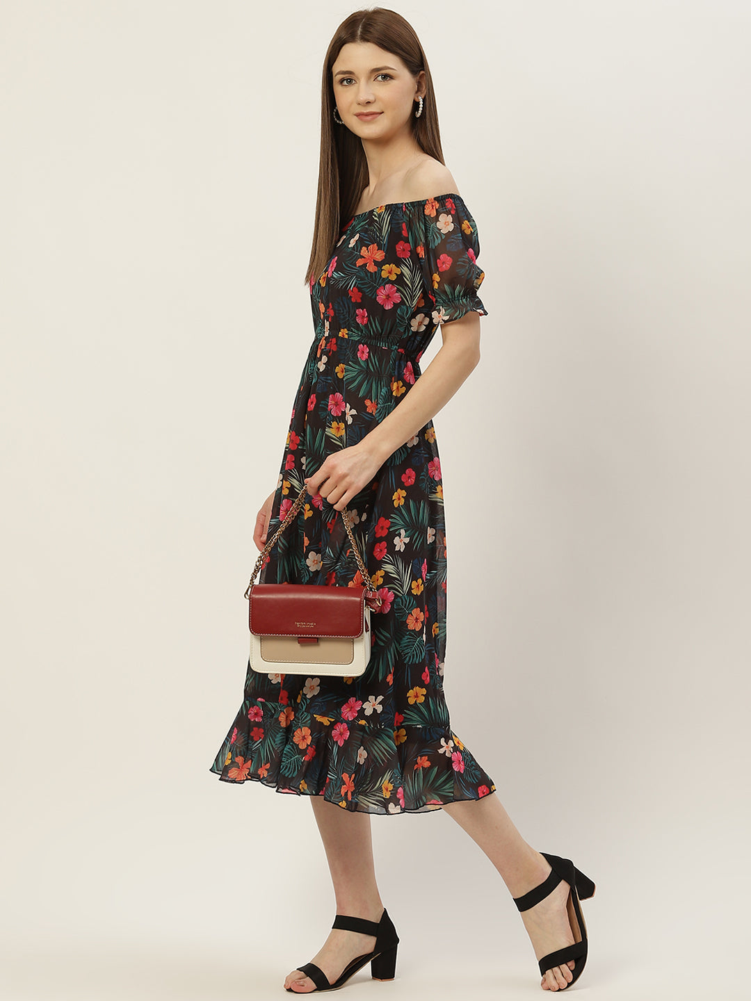 Women Multicoloured Floral Off-Shoulder Georgette A-Line Midi Dress