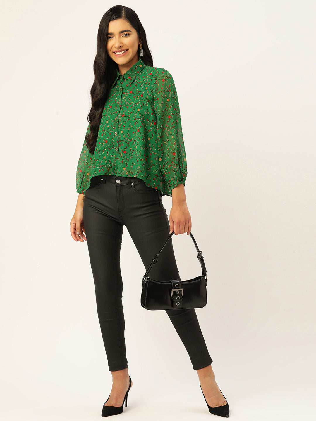 Women Floral Printed Puff Sleeves Semi Sheer Shirt