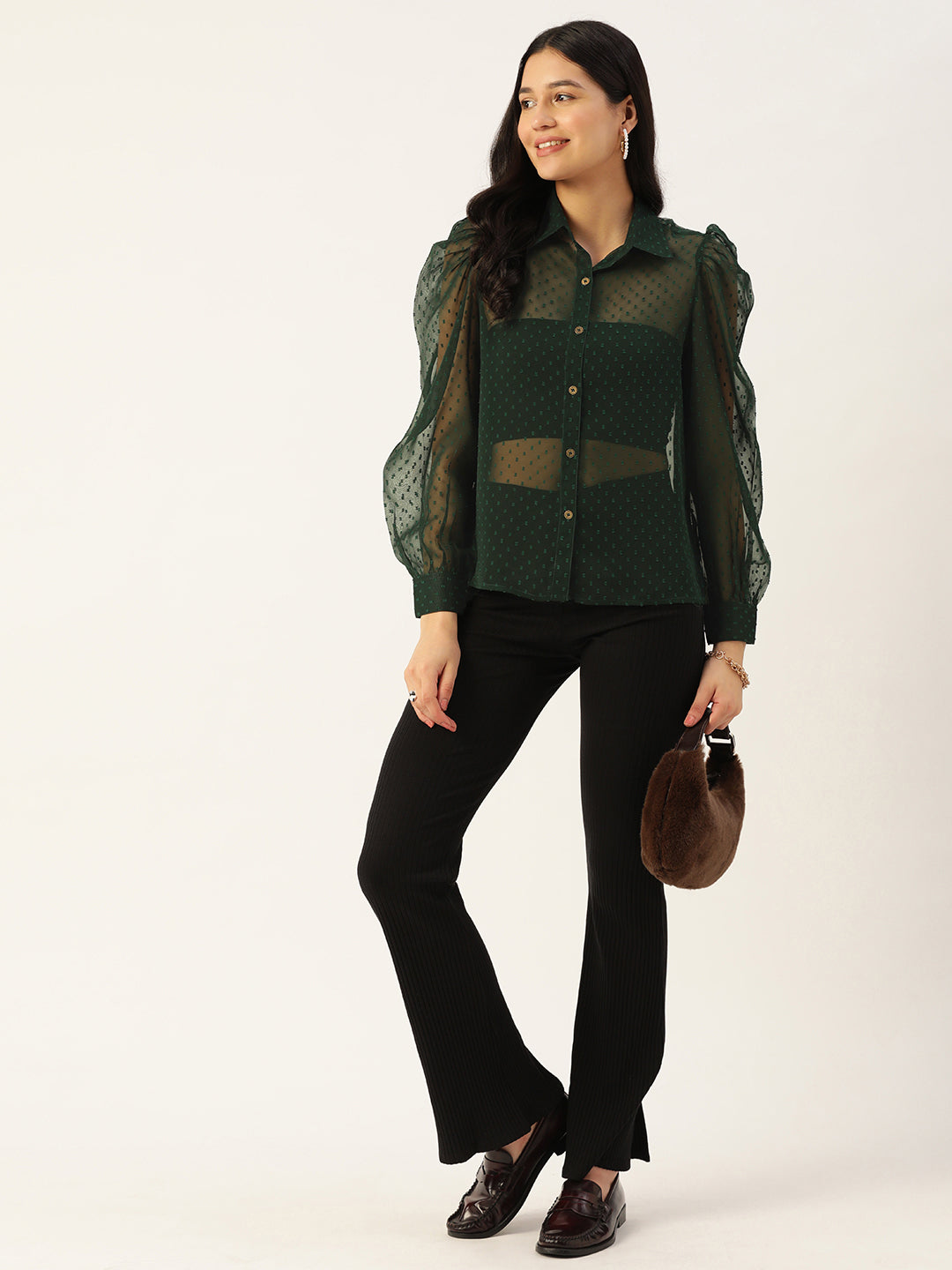 Dark Green Sheer Georgette Party Shirt