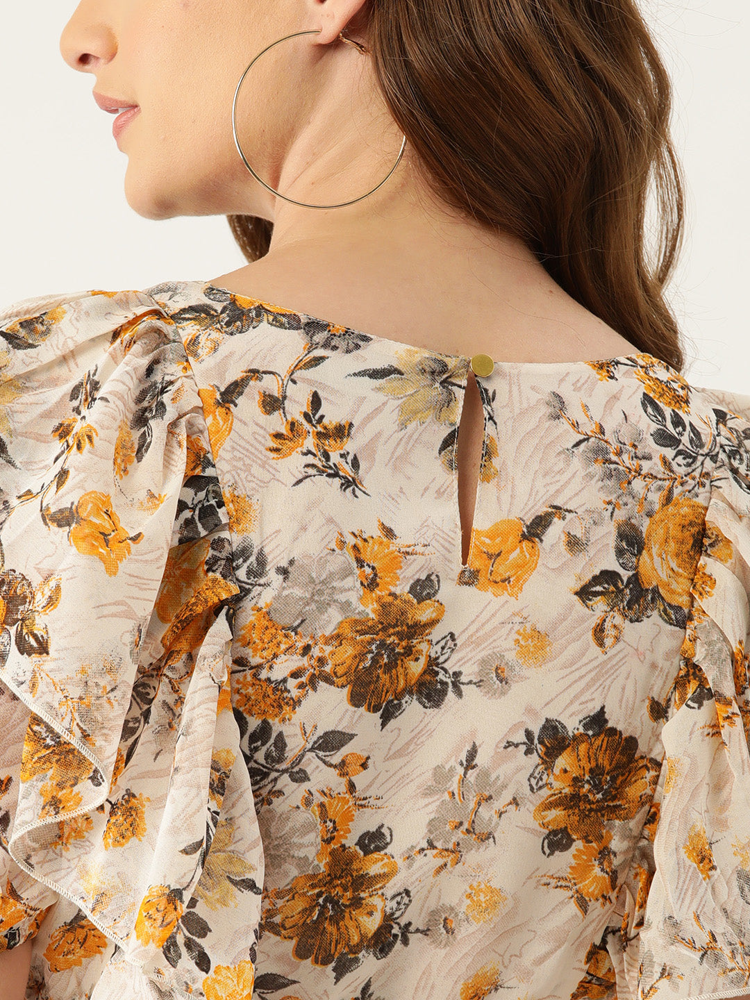 Slenor Floral Printed Flared Sleeve Crepe Peplum Top