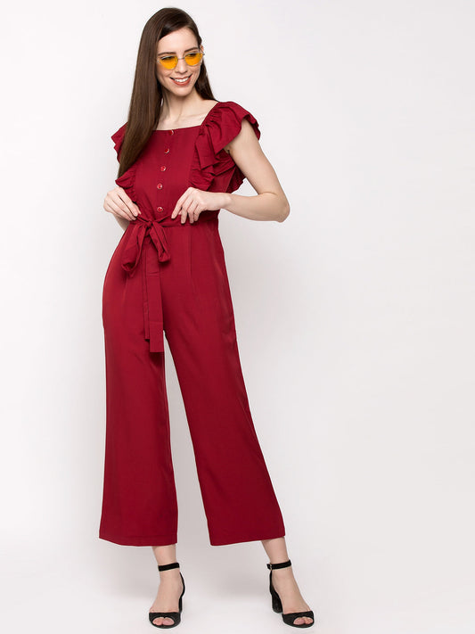 Women Maroon Solid Basic Jumpsuit