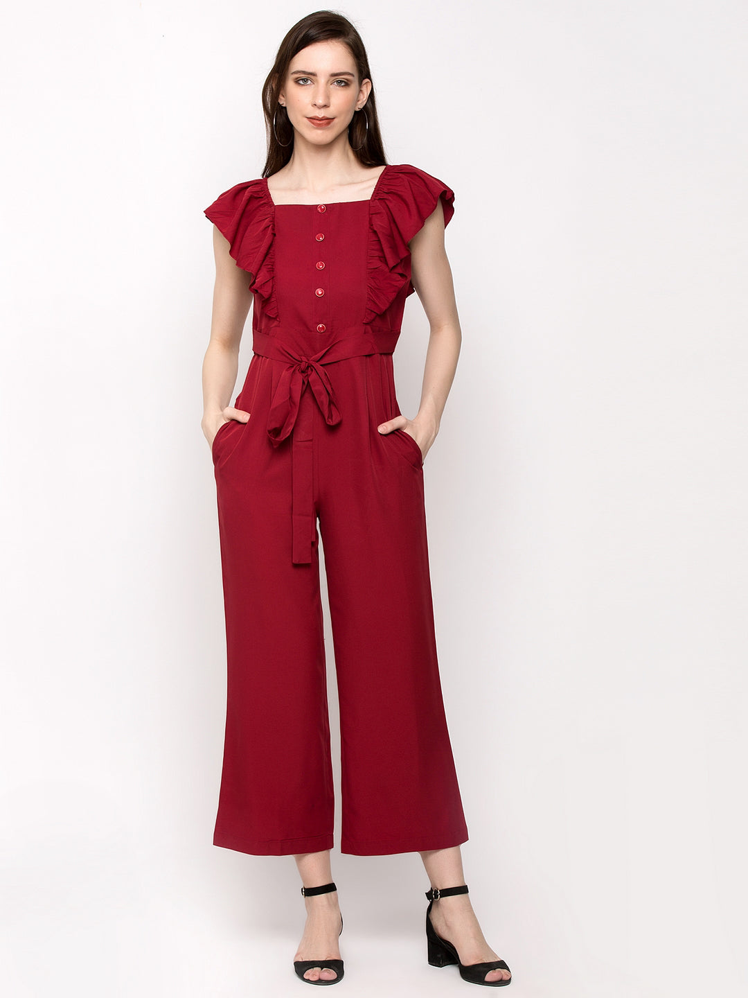 Women Maroon Solid Basic Jumpsuit