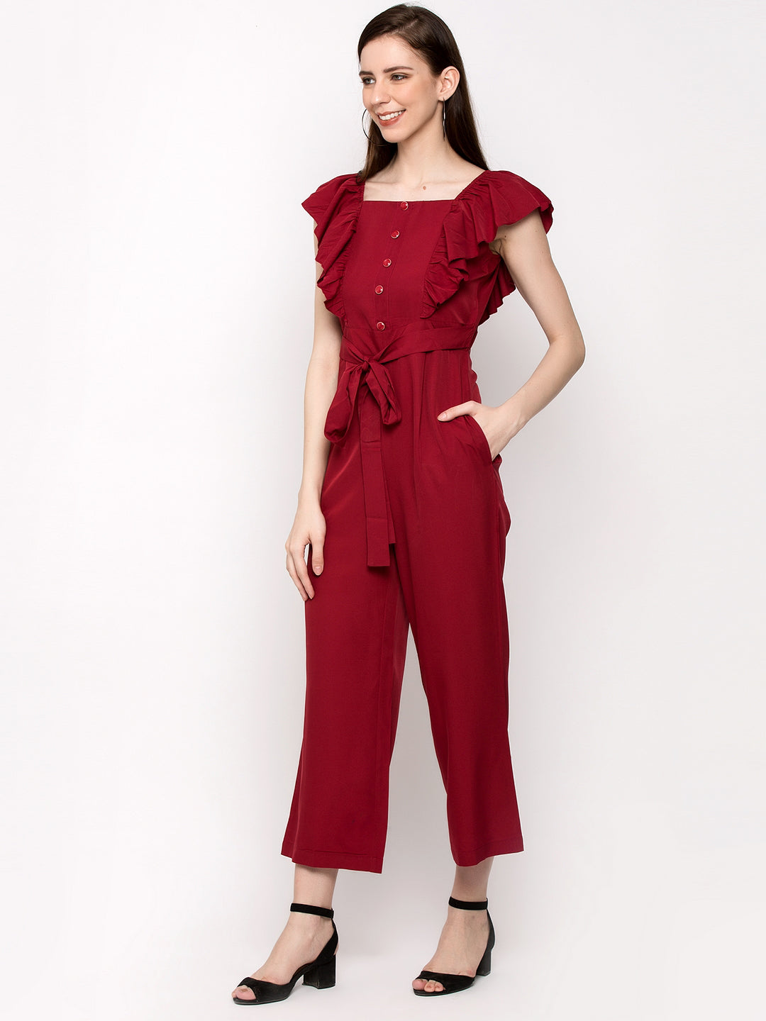 Women Maroon Solid Basic Jumpsuit