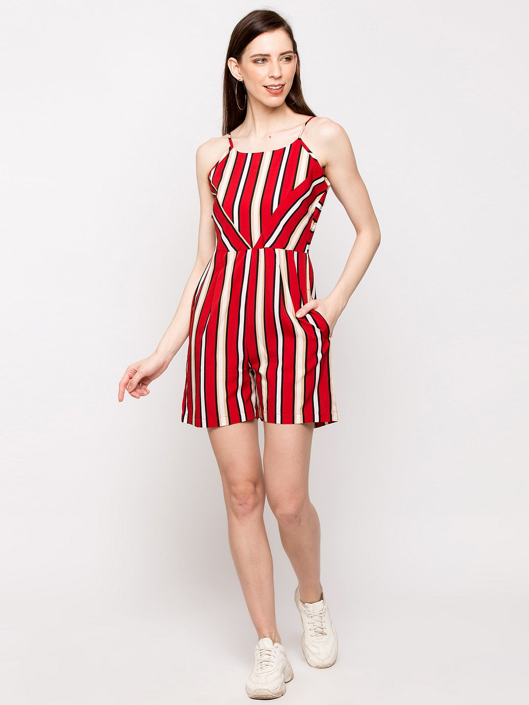 Short Red Striped Jumpsuit