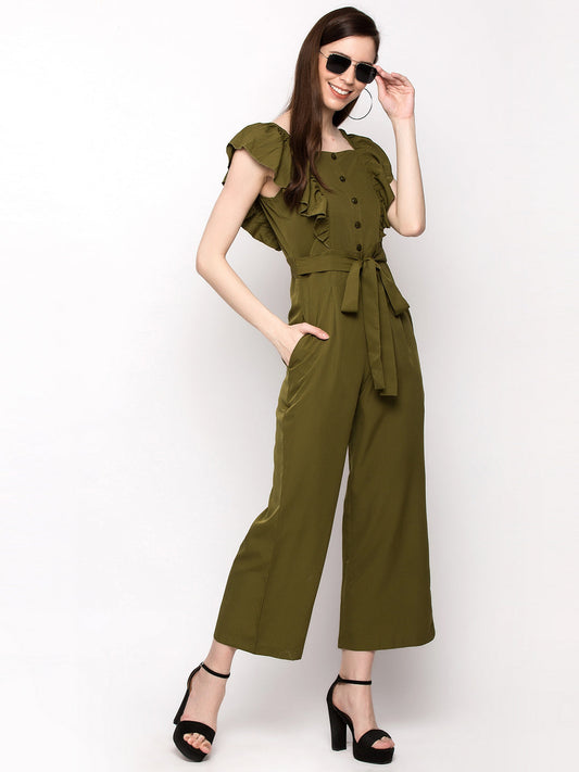 Women Olive Green Solid Basic Jumpsuit