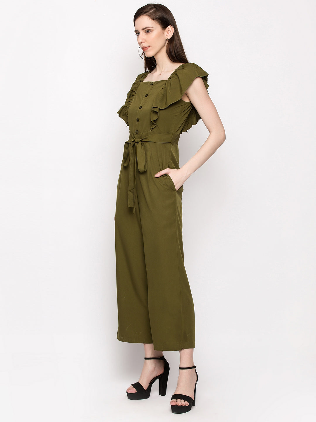 Women Olive Green Solid Basic Jumpsuit