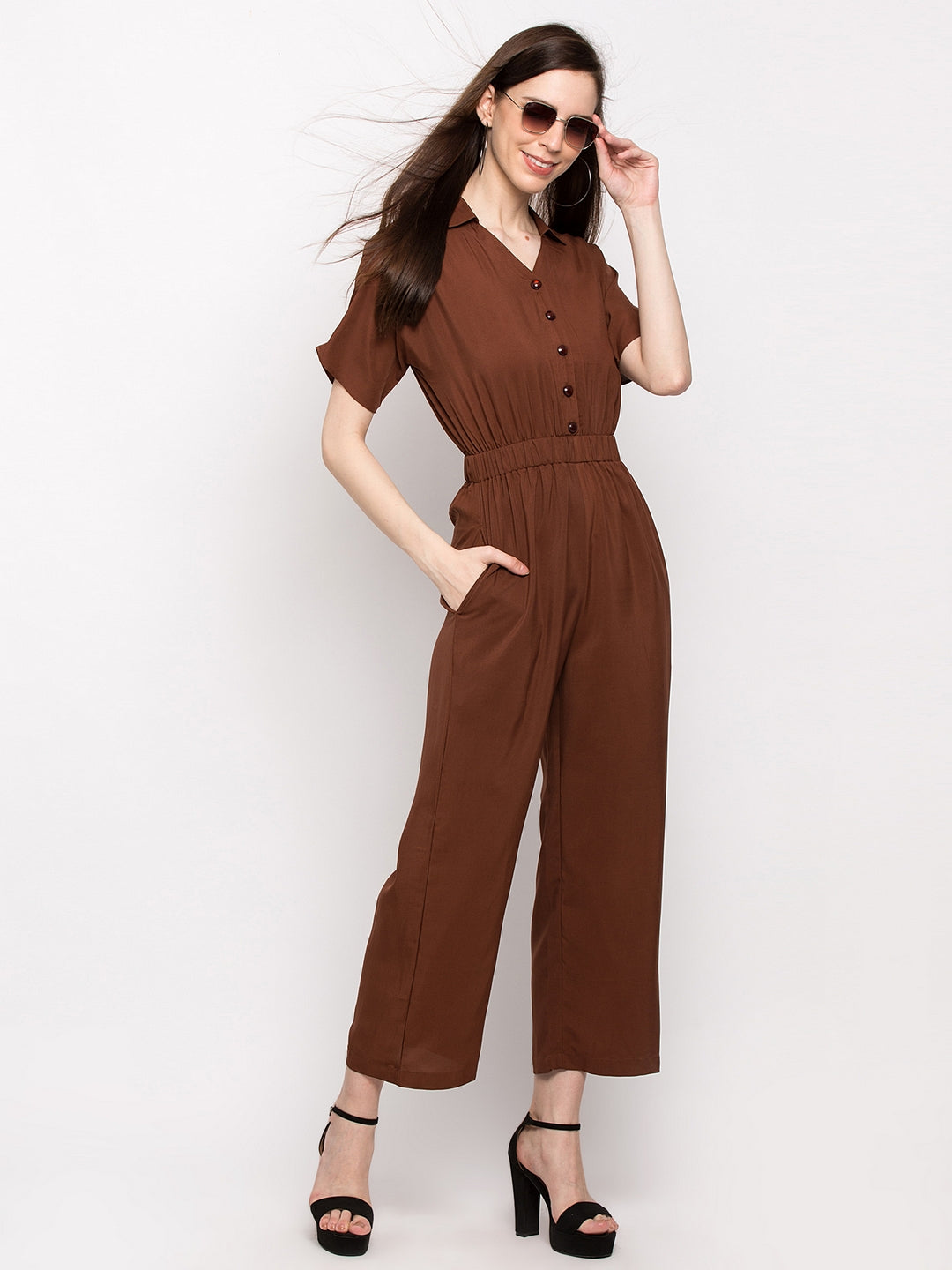 Women Brown Solid Basic Jumpsuit