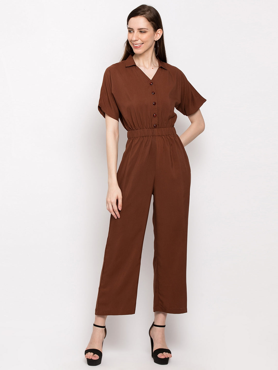 Women Brown Solid Basic Jumpsuit