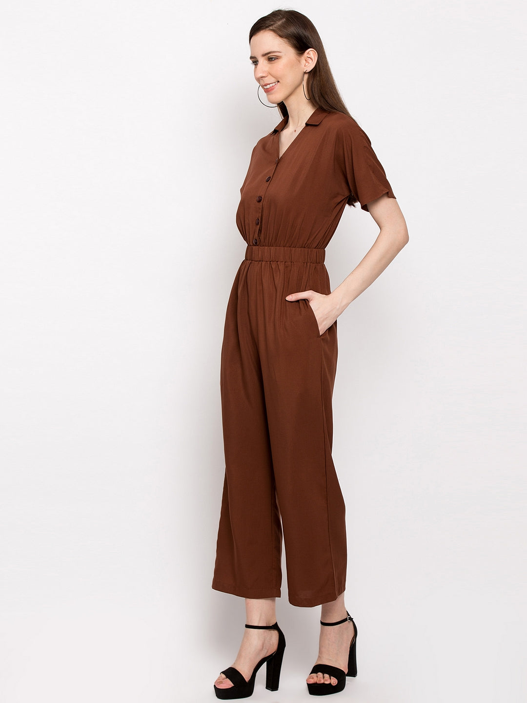 Women Brown Solid Basic Jumpsuit