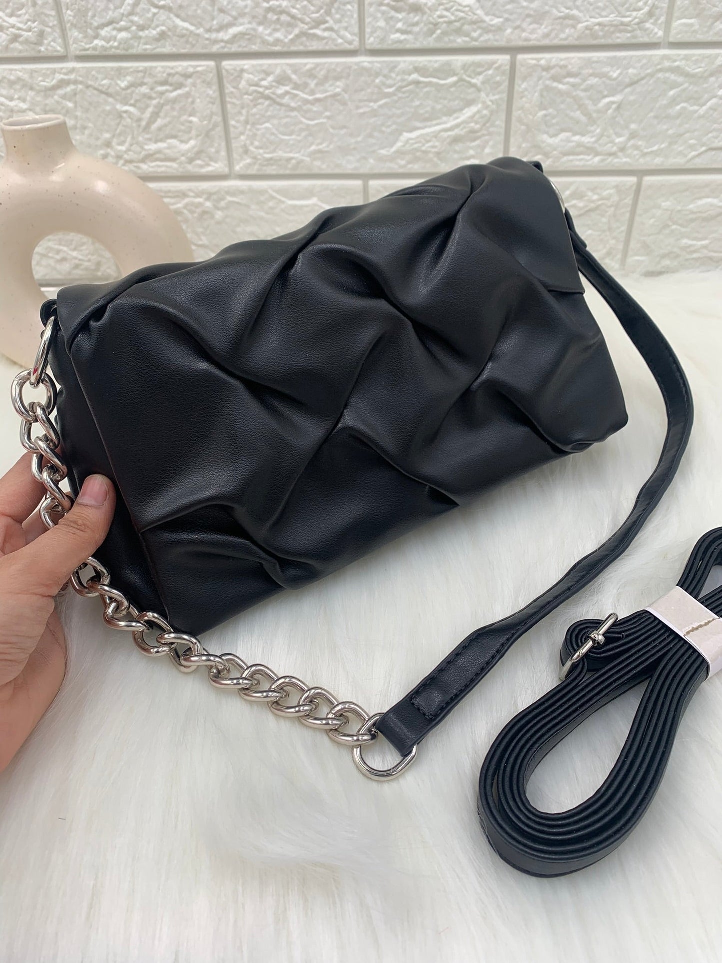 Women Black Structured Handheld Bag