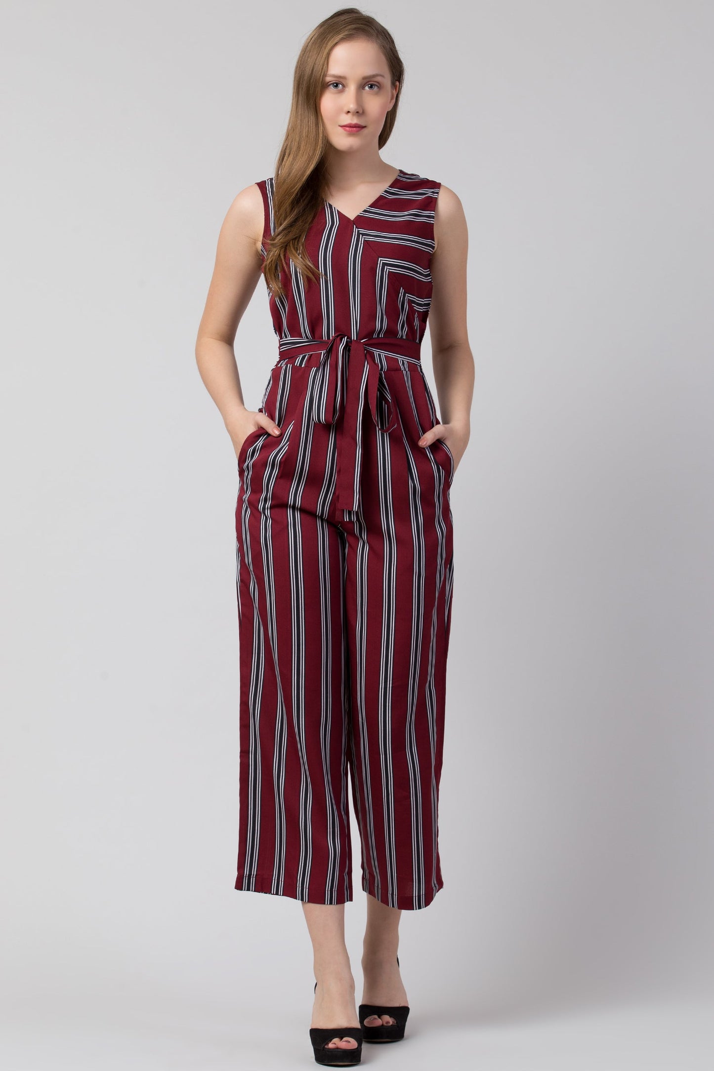 Maroon Striped Jumpsuit