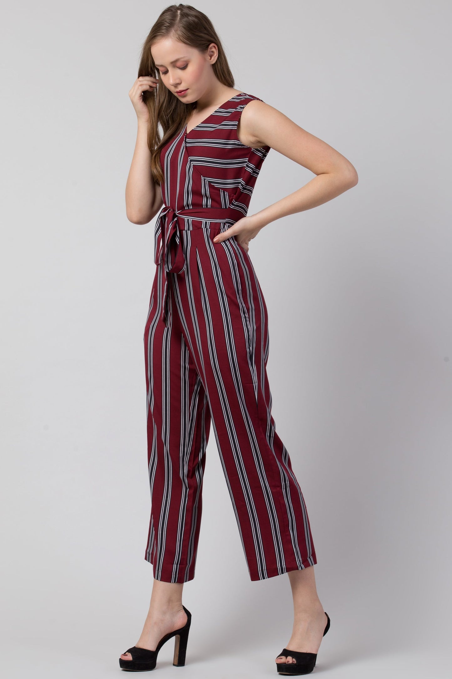 Maroon Striped Jumpsuit