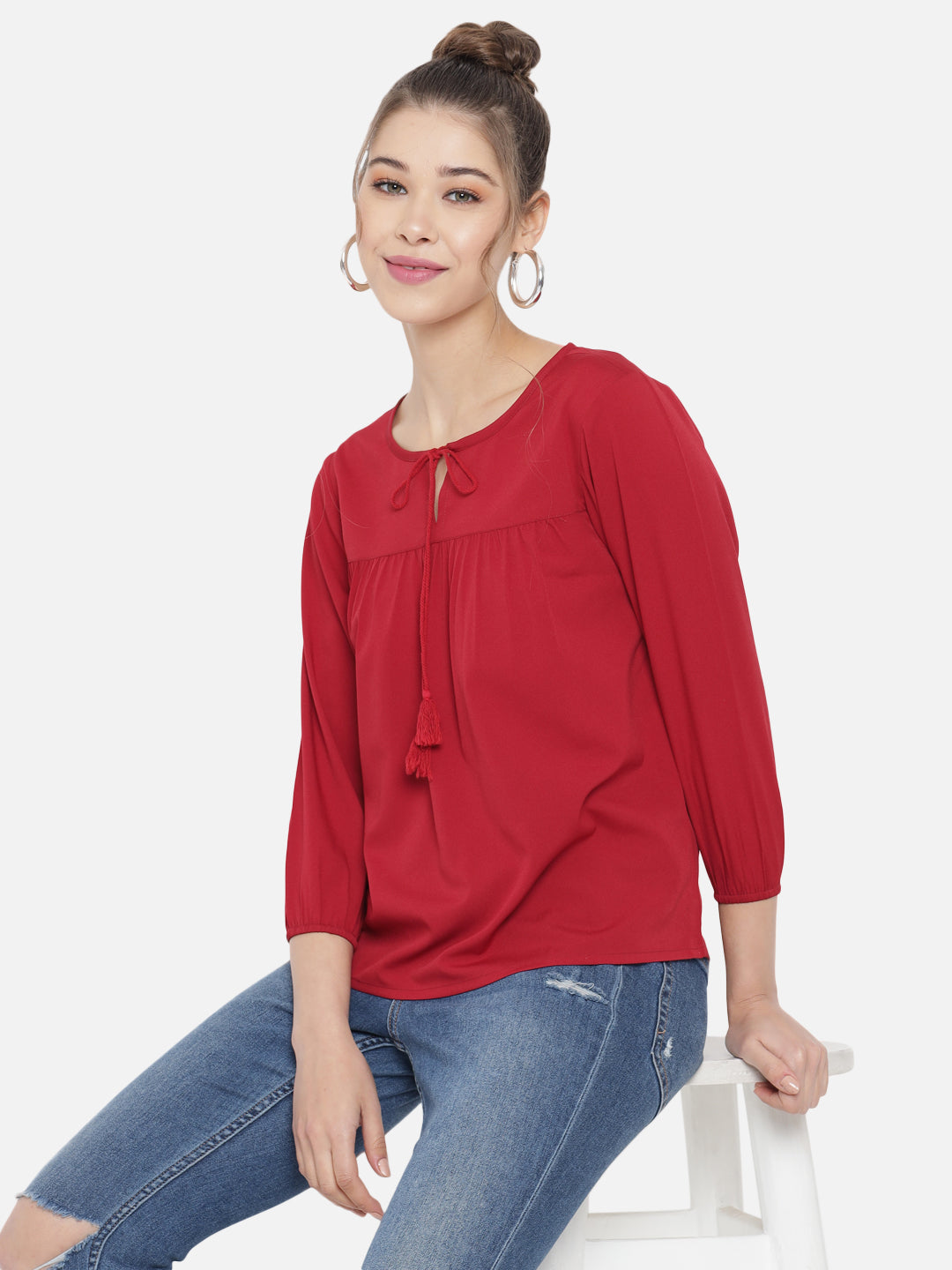 Maroon Tie-Up Neck Crepe Top