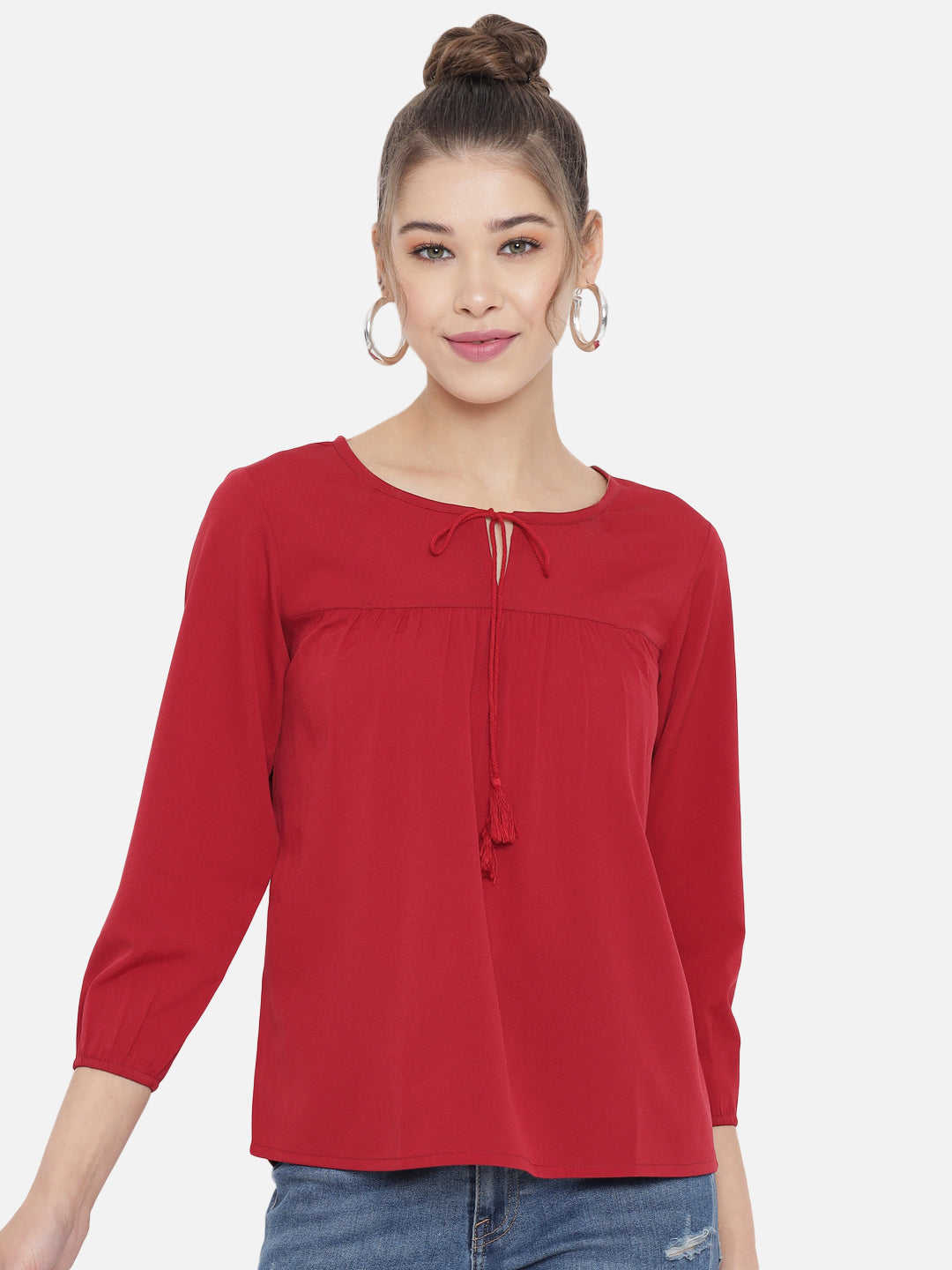 Maroon Tie-Up Neck Crepe Top