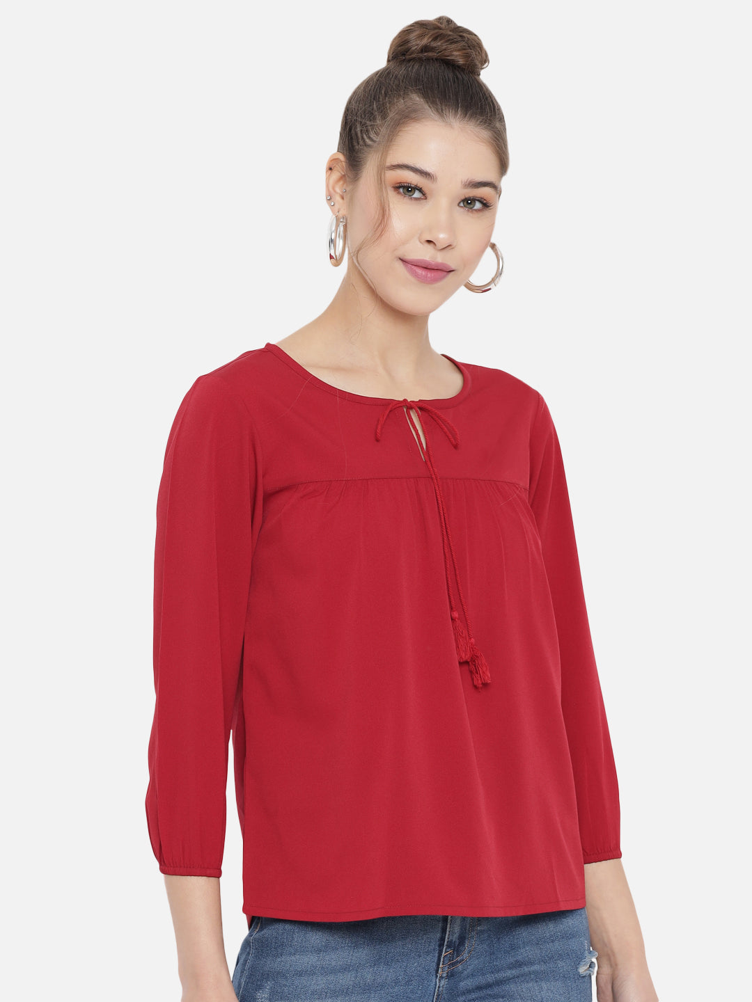 Maroon Tie-Up Neck Crepe Top