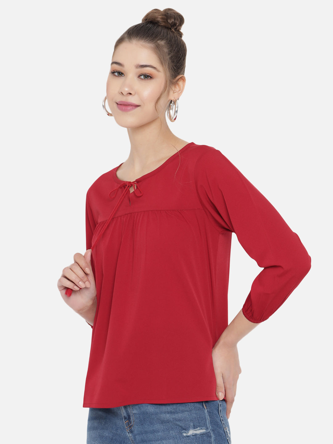 Maroon Tie-Up Neck Crepe Top