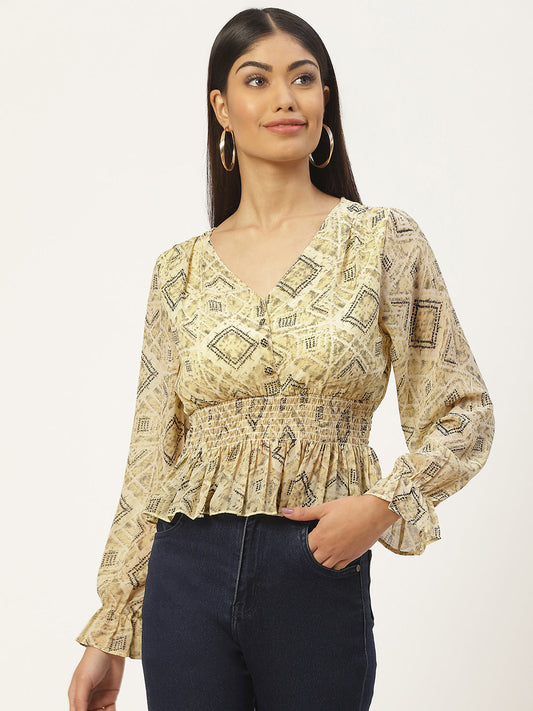 Printed Smocked Georgette Peplum Top