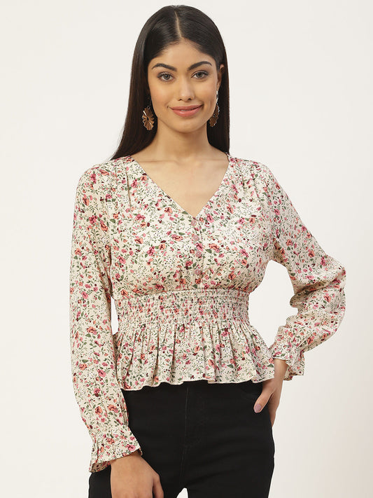 Floral Print Smocked Georgette Peplum Top