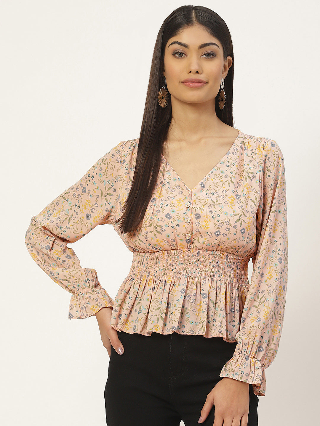 Floral Print Smocked Georgette Peplum Top