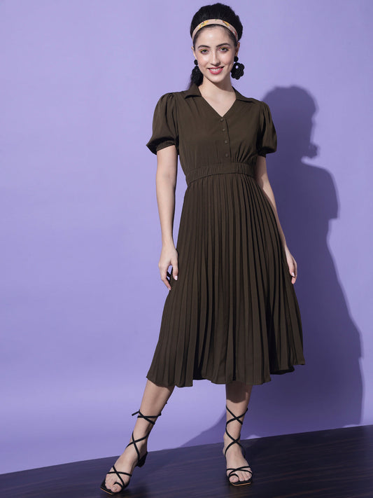 Women Olive Crepe Midi Dress