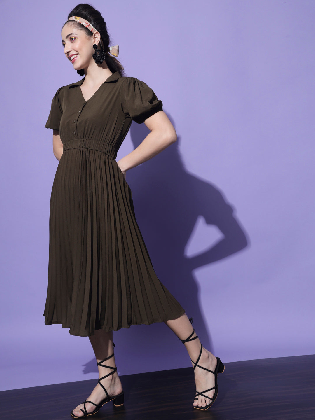 Women Olive Crepe Midi Dress