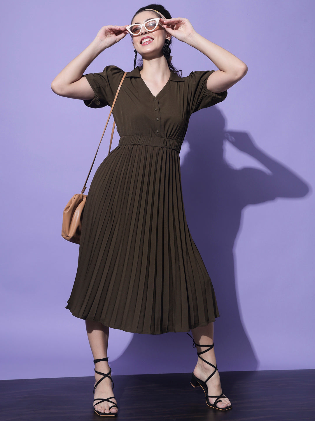 Women Olive Crepe Midi Dress