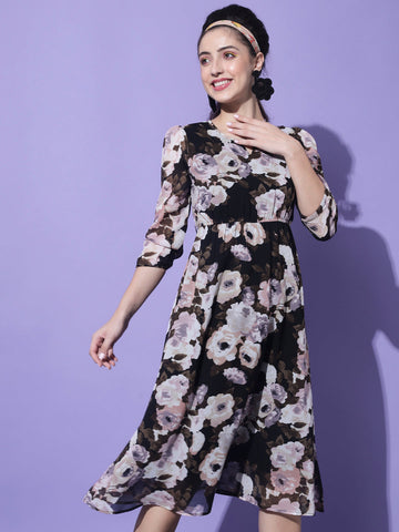 Black & White Floral Georgette Midi Dress