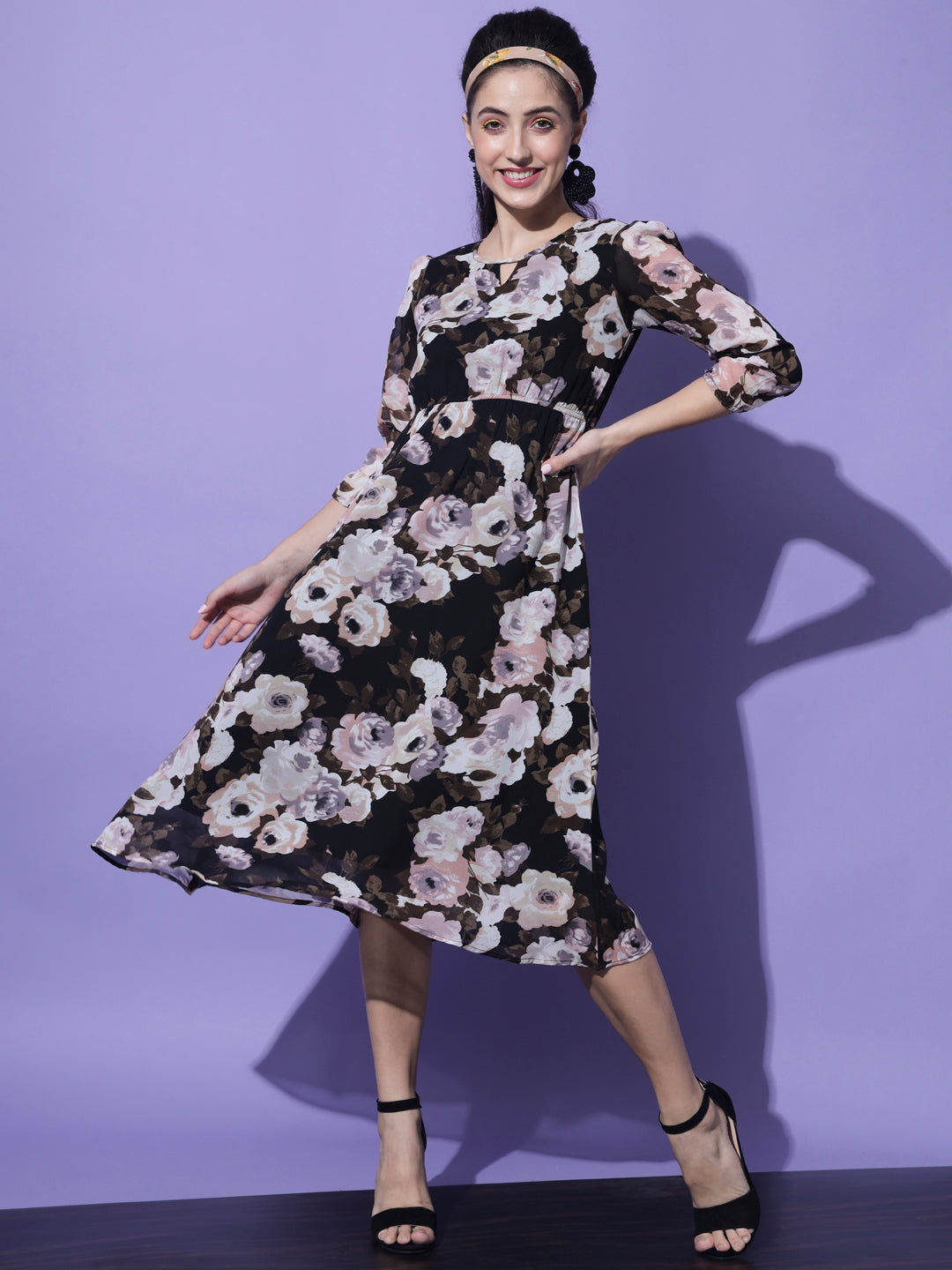 Purple & Red Floral Georgette A-Line Midi Dress