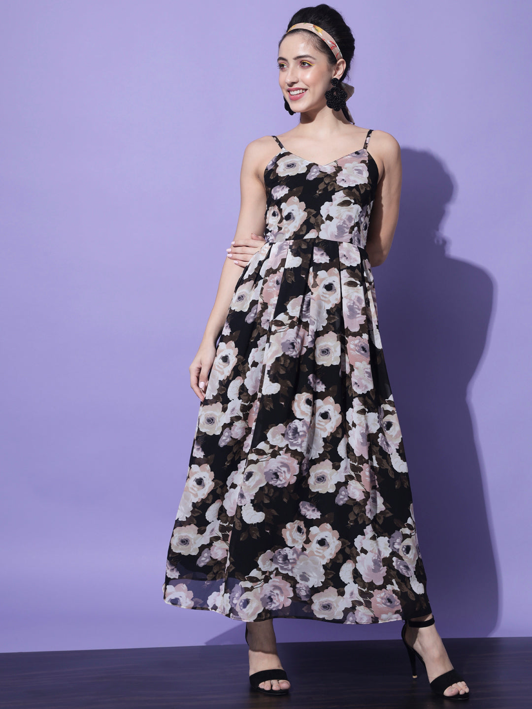 Navy Blue Floral Georgette Maxi Dress