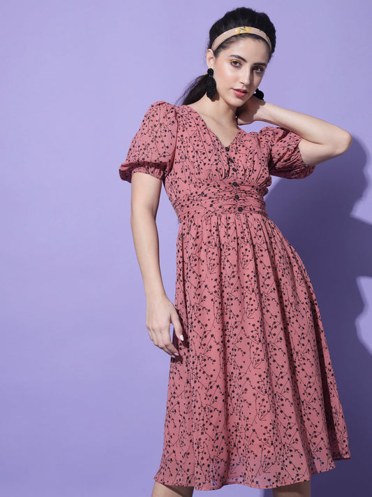 Peach-Coloured & Black Floral Printed Fit and Flared Dress