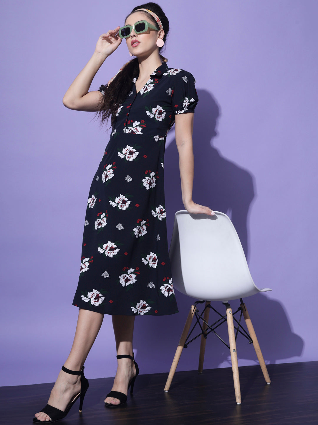 Navy Blue & White Floral Crepe Shirt Midi Dress