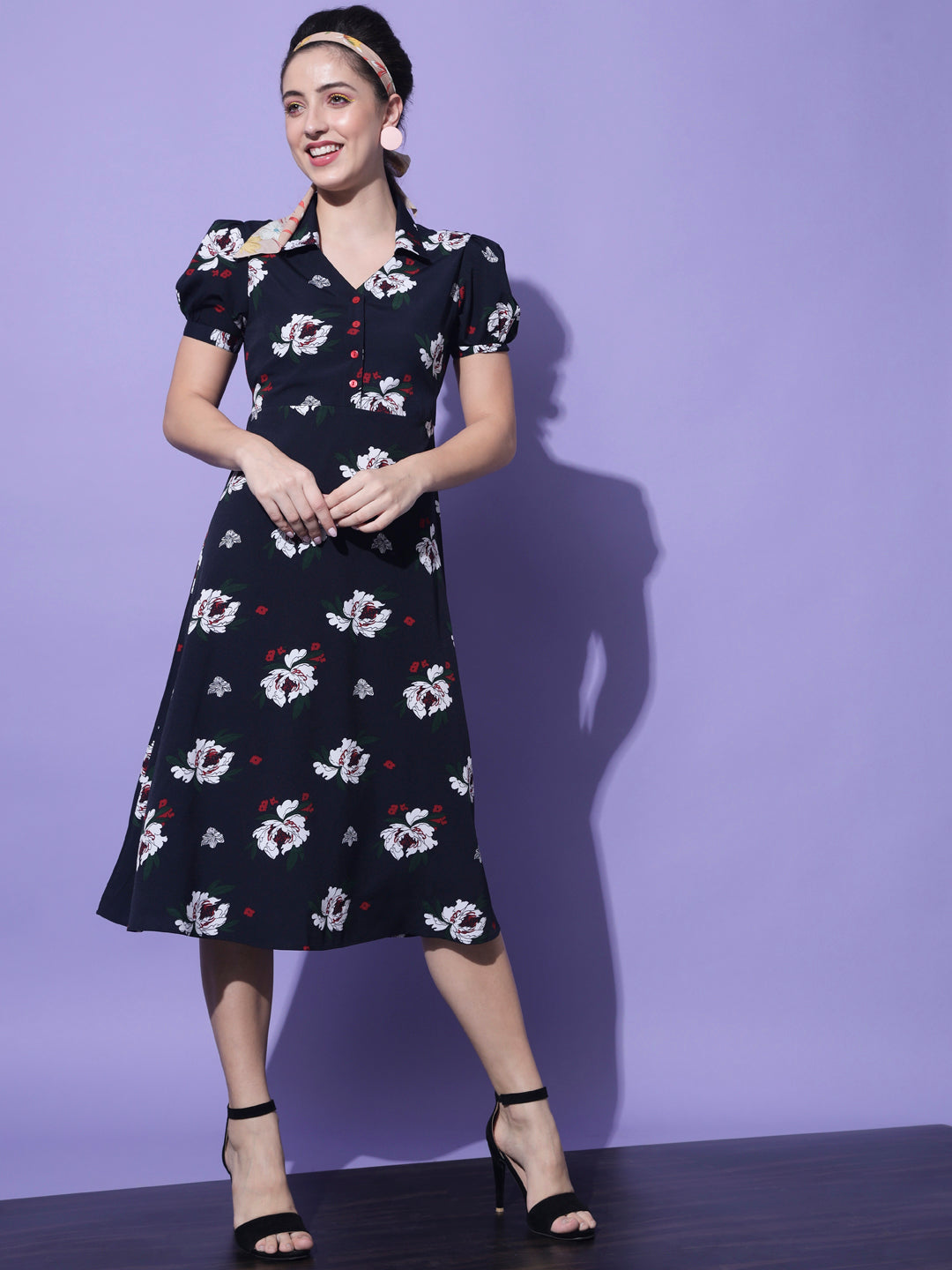 Navy Blue & White Floral Crepe Shirt Midi Dress