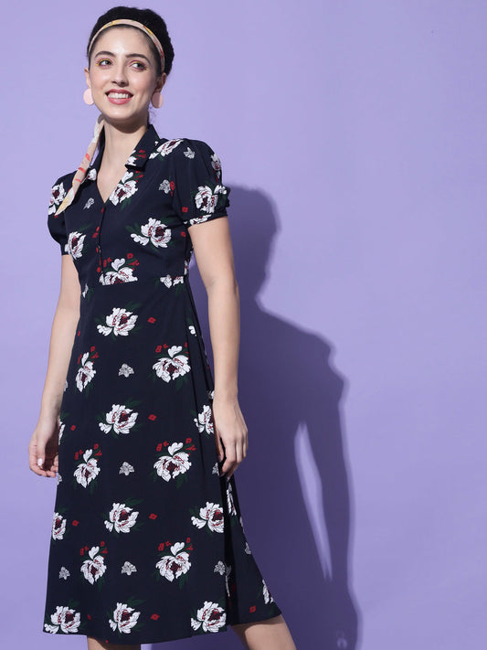 Navy Blue & White Floral Crepe Shirt Midi Dress