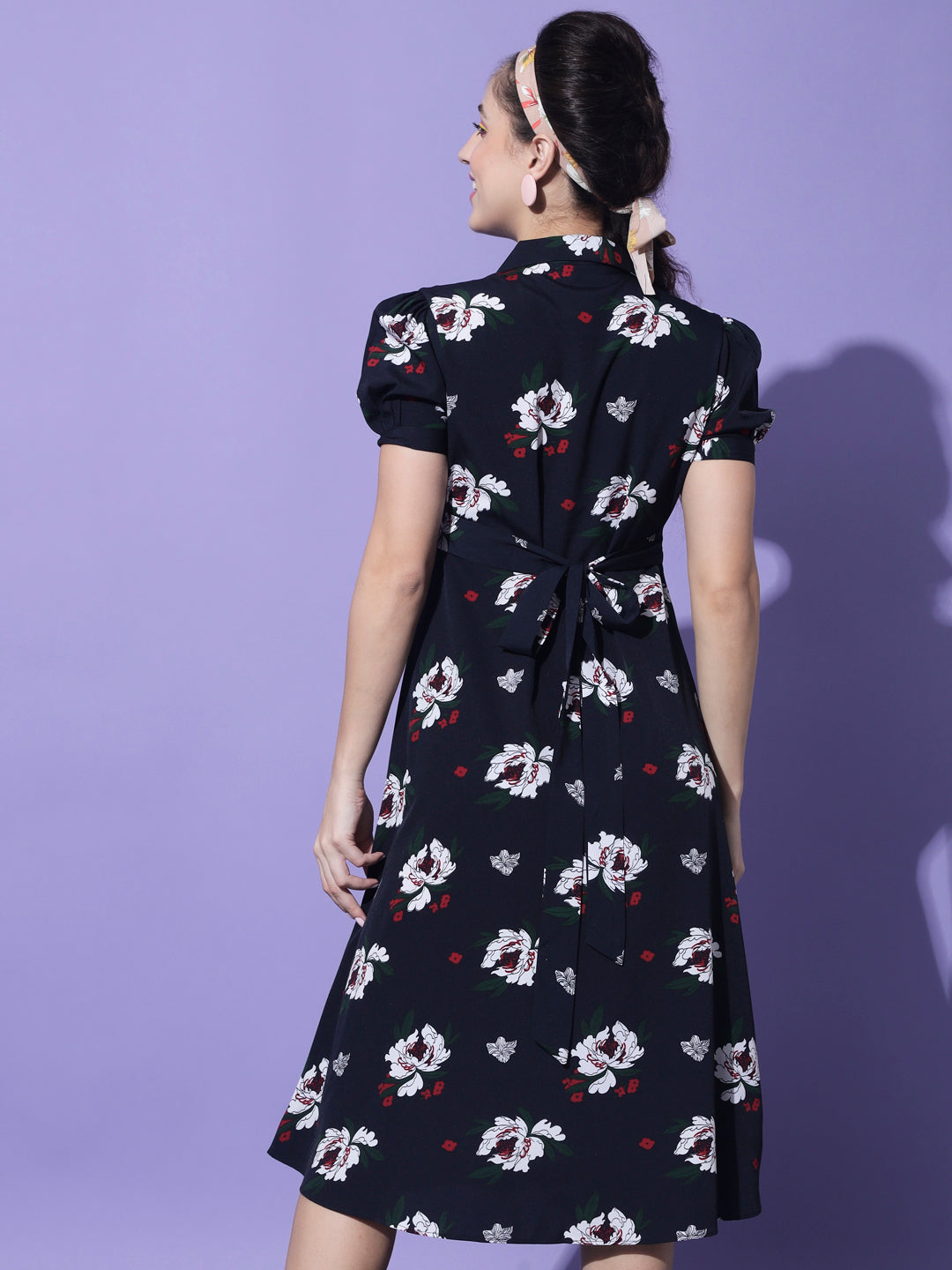 Navy Blue & White Floral Crepe Shirt Midi Dress