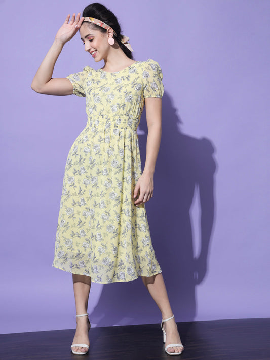 Yellow Floral Georgette Fit and Flared Midi Dress