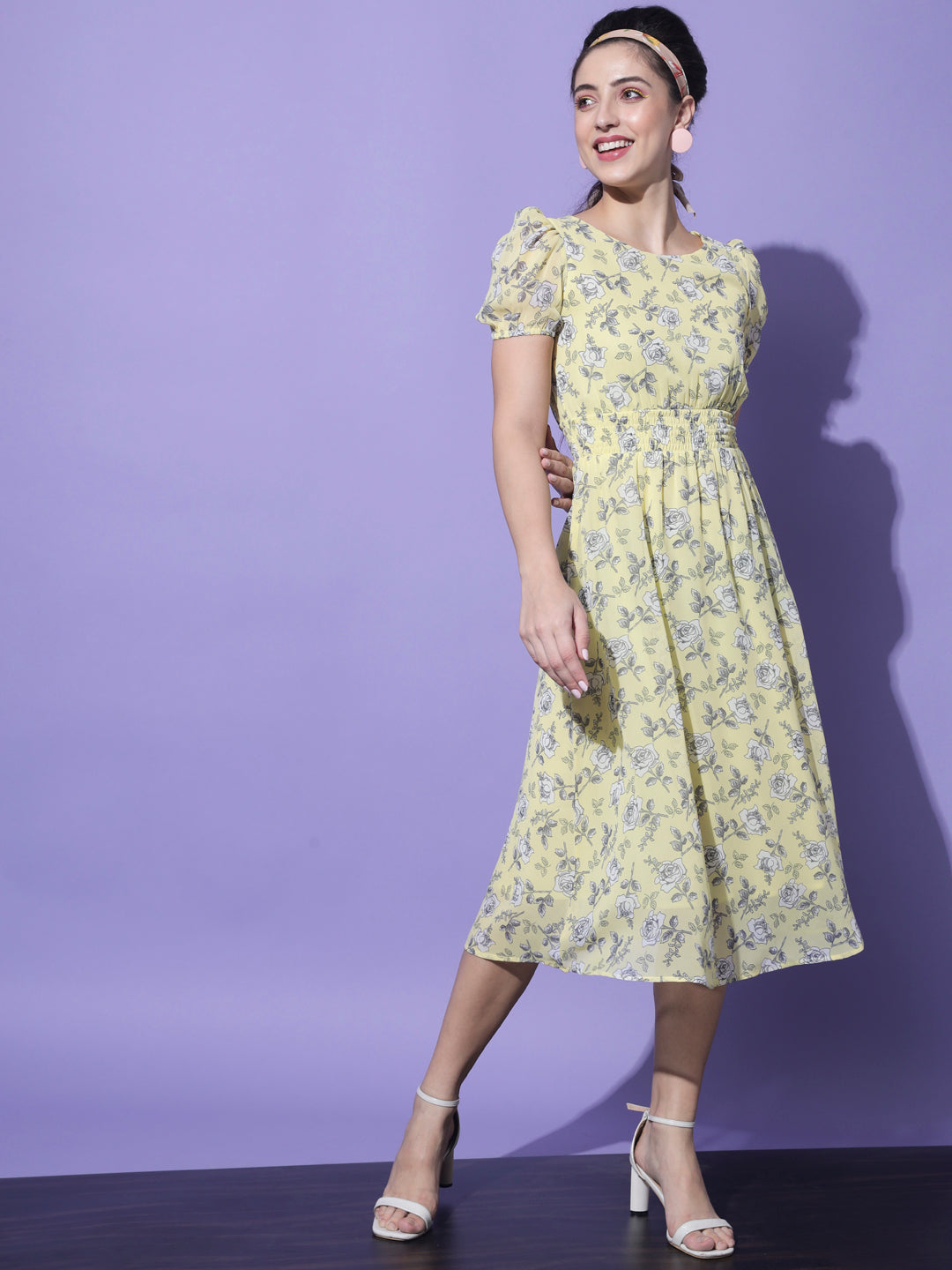 Yellow Floral Georgette Fit and Flared Midi Dress